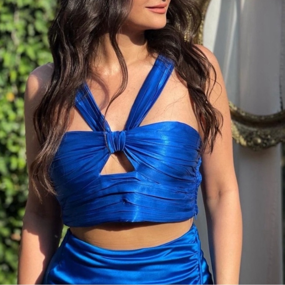 Zara blue satin draped cut out crop top